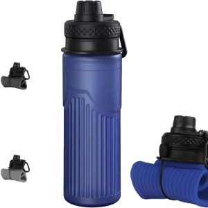Collapsible Water Bottle, Sport Water Bottle 24oz, Reuseable BPA Free Silicone Foldable Water Bottles Leak-proof Portable Water Bottle for Travel, Gym, Hiking, Office, Camping (Dark Blue)