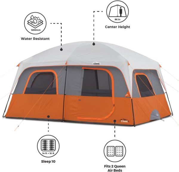 CORE Tent for Family Camping | 10 Person / 11 Person / 12 Person Large Multi Room Cabin Tents for Car Camping & Outdoor Adventures - Image 3