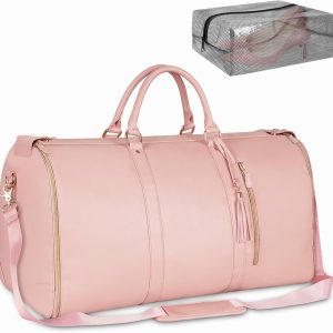Garment Duffle Bags for Travel, Convertible Carry On Garment Bag for Women, Large PU Leather Foldable Travel Bag with Shoe Pouch, 2 in 1 Hanging Suitcase Dress Suit Travel Bags, Pink
