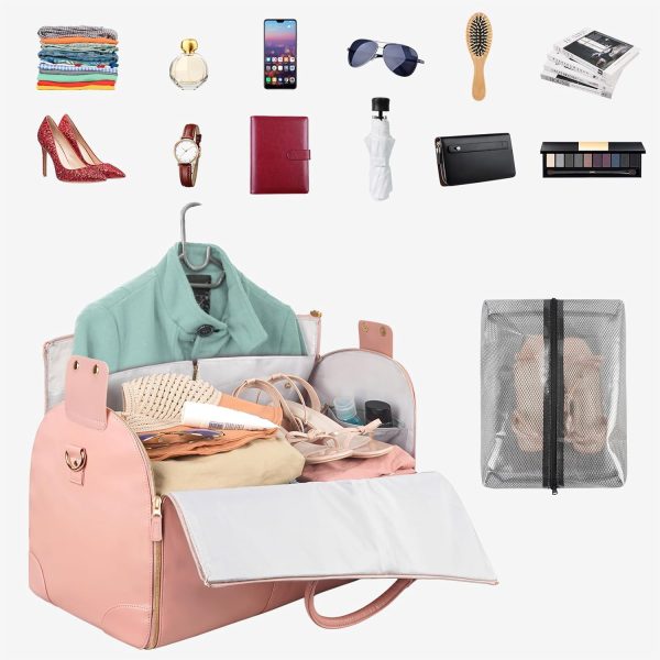 Garment Duffle Bags for Travel, Convertible Carry On Garment Bag for Women, Large PU Leather Foldable Travel Bag with Shoe Pouch, 2 in 1 Hanging Suitcase Dress Suit Travel Bags, Pink - Image 2